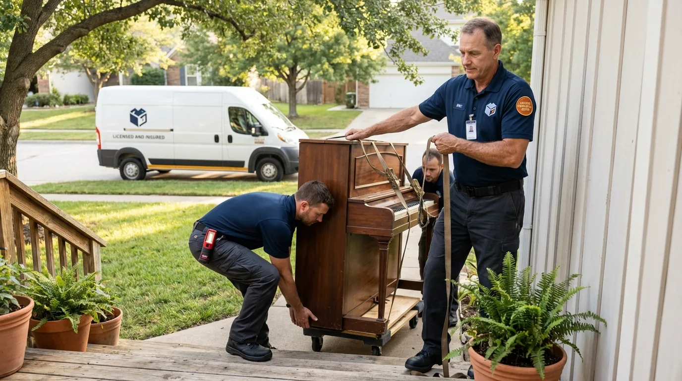 Licensed piano movers securing grand piano in Fort Madison, IA