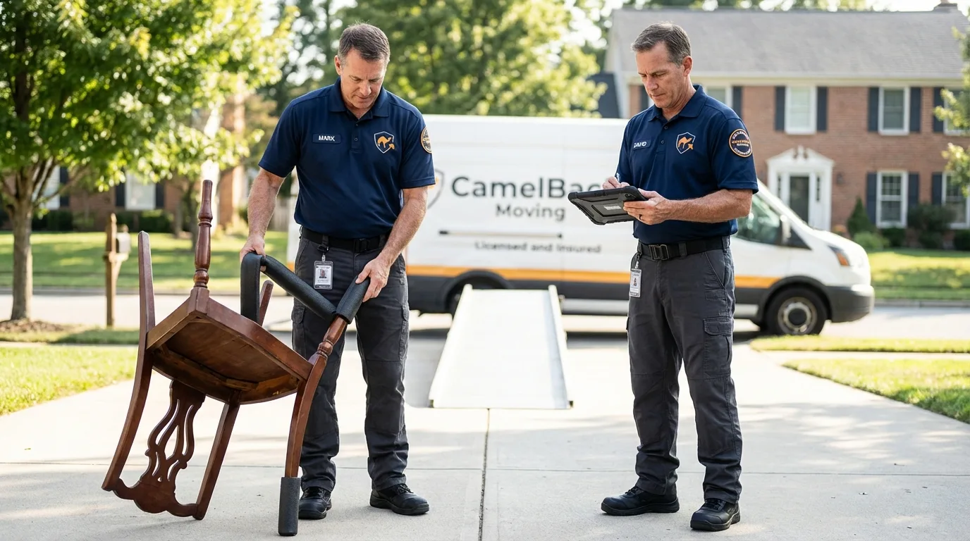Movers inspecting furniture for damage prevention before loading in Fort Madison, IA
