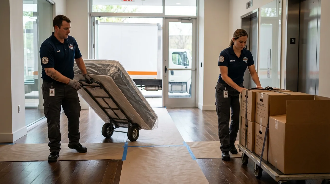 Professional apartment movers loading elevator in Fort Madison, IA