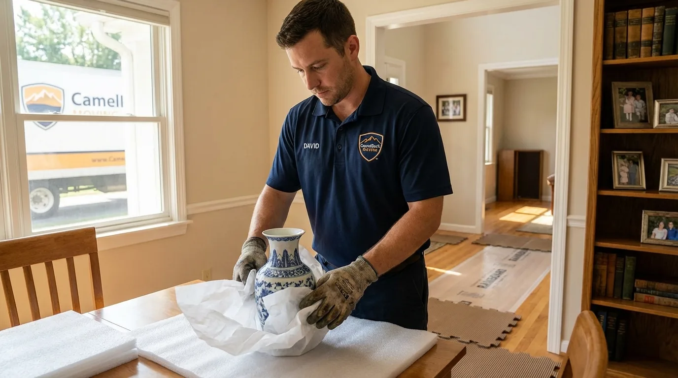 Professional crew carefully wrapping antique vase for senior downsizing move in Fort Madison, IA